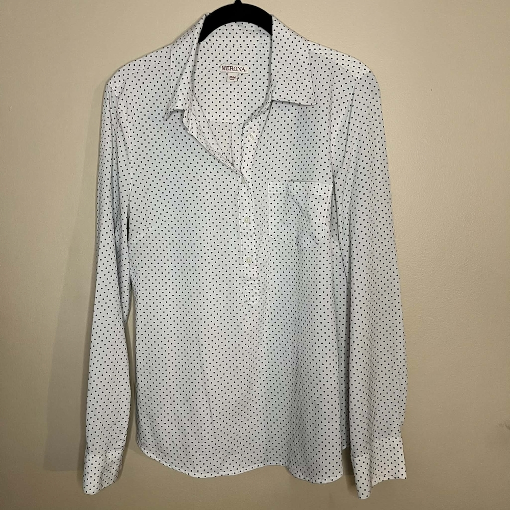 Merona White With Black Polka Dots Long Sleeve Pullover Blouse